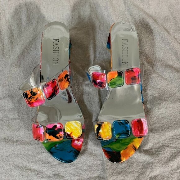 Womans 10 Sandal Heels Colorful Rainbow Gem Stone Costume Play - Picture 3 of 8